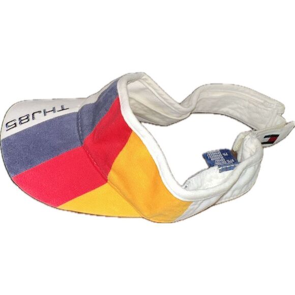 Vintage Tommy Hilfiger THJ85 Visor White with Blue Red Yellow Stripes Strap Back - Picture 2 of 6